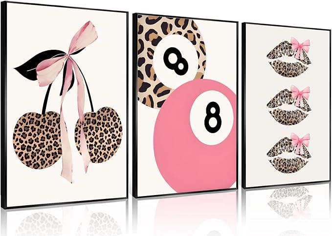 Trendy Pink Leopard Bow Wall Art Set of 3 Funky Cherry Lucky 8 Ball Posters Prints Cute Coquette Preppy Room Aesthetic Wall Decor Pictures for Girls Bedroom Apartment Dorm Unframed 16x24in