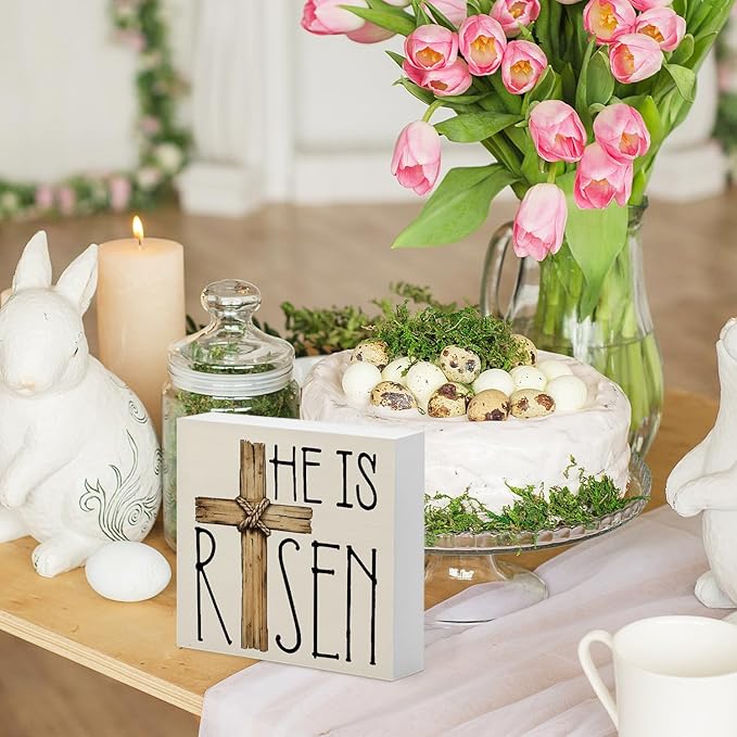 Easter Decor, He is Risen Religious Easter Wooden Box Sign, Cross Tiered Tray Decorations, Farmhouse Bunny Table Centerpiece Sign for Party Home Kitchen Dining Table Decor 5x5