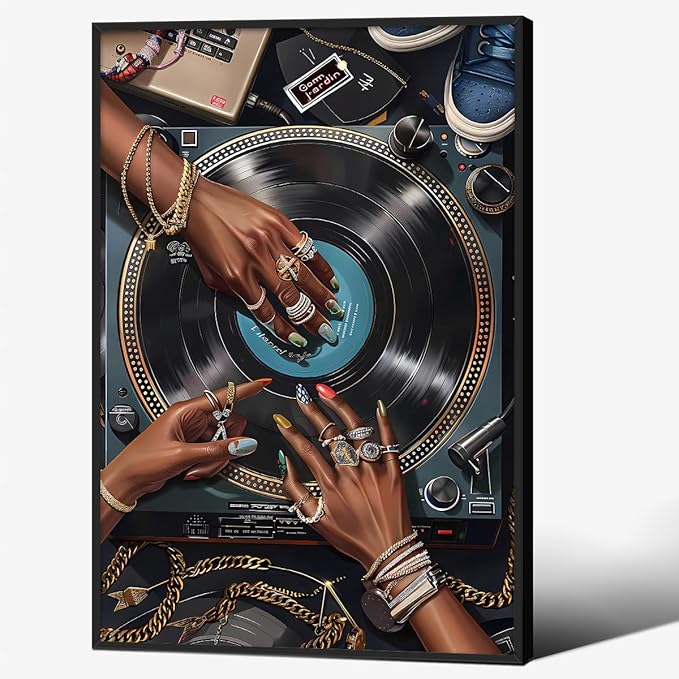 Black Woman Music Canvas Poster y2k Song Record Wall Art Vintage Urban Feminine Aesthetic Prints 16X24 inch Black Framed for Bar Bedroom Gallery Wall Decor