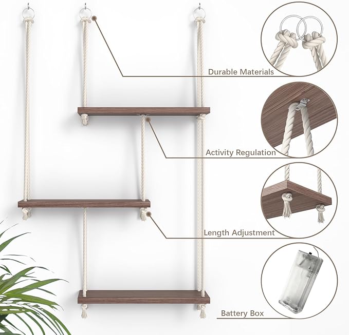 REFGY Hanging Shelves for Wall, 3 Tier Boho Hanging Plant Shelf, Floating Shelves Rope Rustic Wood Organizer Storage Hanger Rack for Aesthetic Home Bedroom Kitchen Bathroom (Champagne Flower)