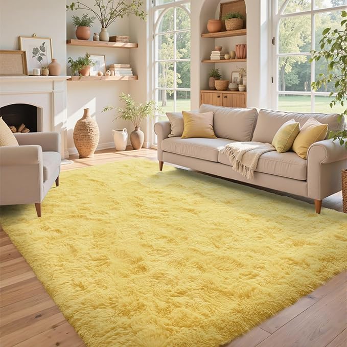 5x7 Yellow Rug for Living Room Shag Area Rugs Fluffy Bedroom Plush Carpet Thick Non Slip for Nursery Kids PlayRoom Home Decor Aesthetic