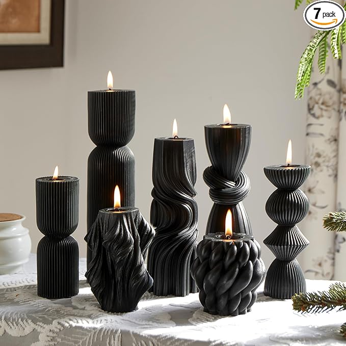 7-Pack Pillar Candles - Soy Wax Handmade Ribbed Candles for Home Decor, Housewarming Gift, Shelf & Table Decor - Aesthetic Modern Candles Set (Black)