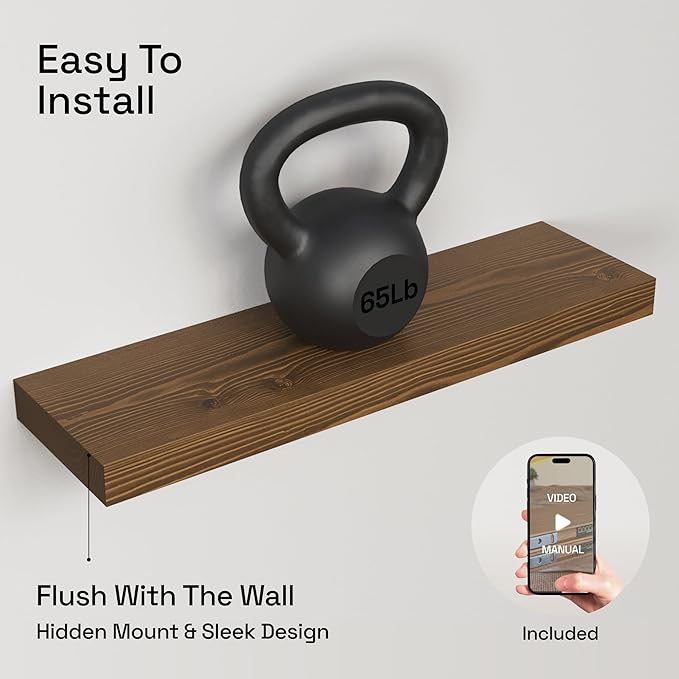 BAOBAB WORKSHOP Wood Floating Shelves, Bathroom Shelf 24 inch, Walnut Floating Shelf for Wall Mounted, Solid Wooden Wall Shelves for Bedroom Kitchen, Walnut Finish, 24 x 6.7, Set of 2