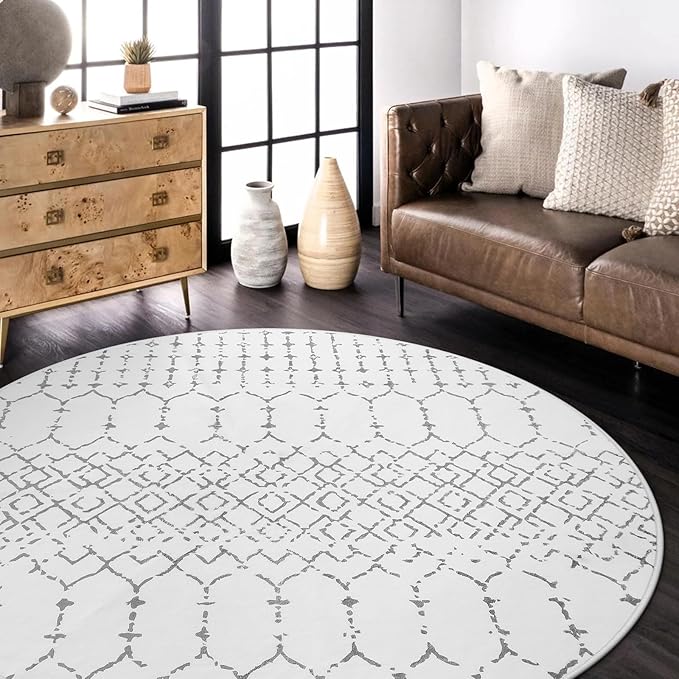 Lahome Moroccan Round Area Rug 5Ft Machine Washable Soft Round Bedroom Rugs Non-Slip Throw Round Rugs for Living Room, Modern Geometric Print Low-Pile Circle Rugs for Office Dining Room Classroom Hana