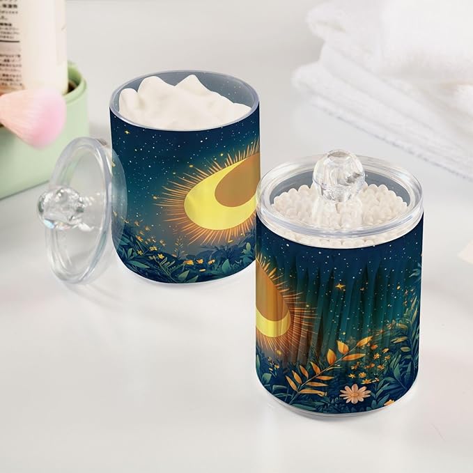 Nander 4Pack Sun and Moon Qtip Holder Dispenser -Clear Plastic Apothecary Jars Set - Restroom Bathroom Makeup Organizers Containers for Cotton Swab, Ball, Pads, Floss