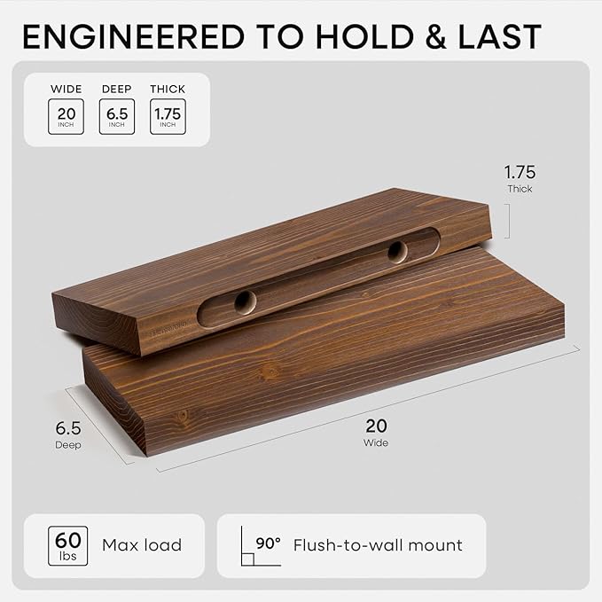 Homeforia Classic Walnut 20 inch Floating Shelf, High End Solid Real Wood Small 20inch Floating Shelves for Wall Mounted, 20in Floating Shelves, Heavy Duty Bracket, 20 X 6.5 X 1.75 inches, Set of 2
