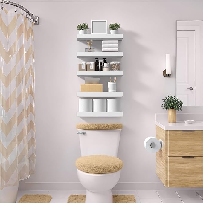 Sorbus Floating Shelves for Wall – 16 Inch Floating Shelf for Kitchen, Bedroom, Living Room, Bathroom, Home & Wall Decor - Mounted Bathroom Shelves with Invisible Brackets (White, 5 Pack)