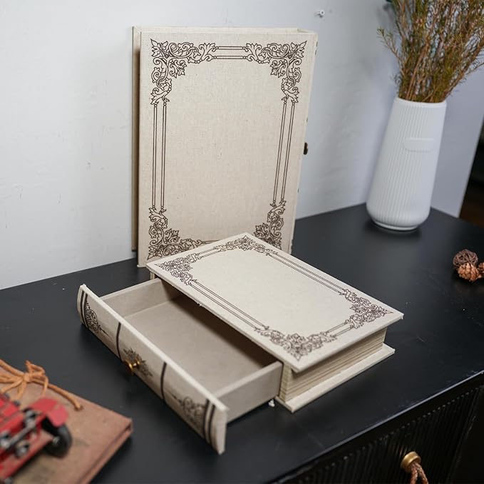 Vintage Book Storage Box with Drawer, Natural Linen-Textured Cover with Classic Frame Pattern, Hidden Organizer for Jewelry, Keepsakes or Desktop Use 9.5″ x 6.7″ x 2″