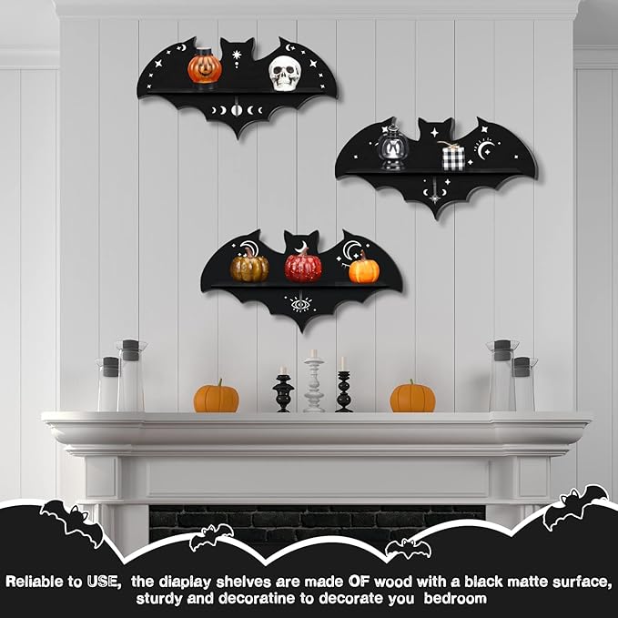Geetery 3 Pcs Bat Shelf Gothic Decor Witchy Crystal Shelf Spooky Coffin Wall Hanging with Hooks Floating Black Wooden Room Decor for Crystal Keys