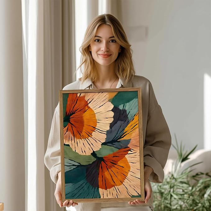 Framed Abstract Floral Wall Art, Boho Vintage Flower Pictures Wall Decor, Mid Century Modern Botanical Paintings Canvas Prints for Living Room Bedroom Office 12x16 inch