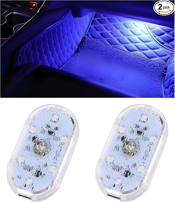 2 PCS Car LED Lights Interior Wireless, Super Bright Auto Interior Ambient Light with 6 Bright LED Lamp Beads, Portable USB Rechargeable Car Led Night Light for Vehicle Decor(Blue)