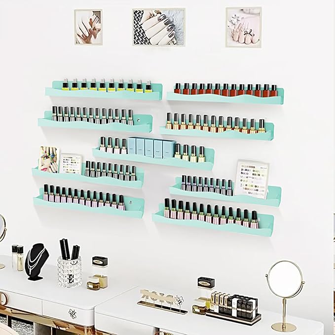 Nail Polish Wall Rack, 6-Shelf 15-Inch Light Green Acrylic Nail Polish Shelves with Removable Ends – Multi-Purpose Shelf for Essential Oils, Cosmetics Storage and Display for Salons and Bathrooms