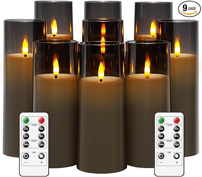 kakoya Flickering Flameless Candles Battery Operated with Remote and 2/4/6/8 H Timer Plexiglass Led Pillar Candles Pack of 9 (D2.3 xH5.5 6.5" 7.5") with Realistic 3D Wick Candles for Home Decor(Grey)