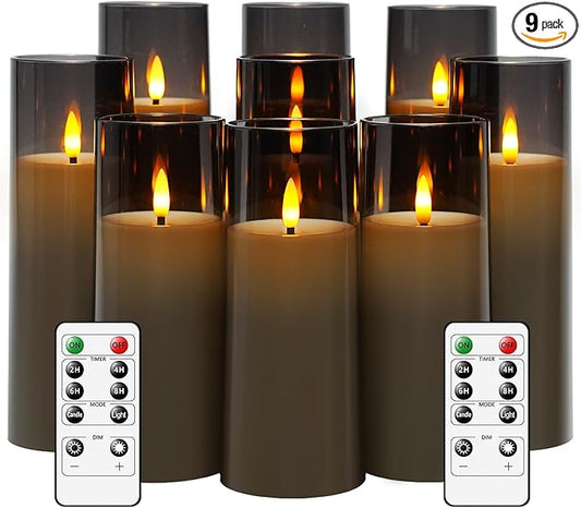 kakoya Flickering Flameless Candles Battery Operated with Remote and 2/4/6/8 H Timer Plexiglass Led Pillar Candles Pack of 9 (D2.3 xH5.5 6.5" 7.5") with Realistic 3D Wick Candles for Home Decor(Grey)