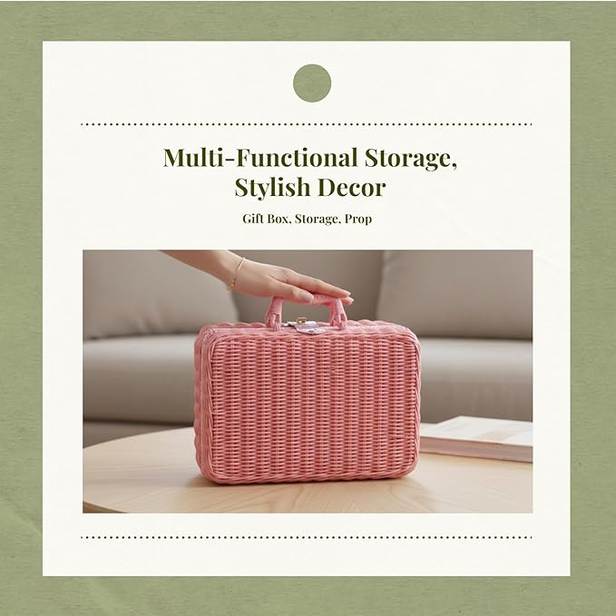 Woven Suitcase Imitation Rattan Storage Basket Gift Box Rustic Picnic Suitcase Handwoven Storage Case for Travelling Bathroom, Pink L