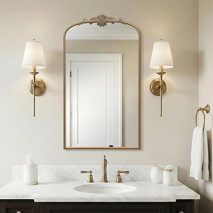 Besdomus Vintage Gold Arched Mirror: 24"x42" French Large Arch Gold Antique Vanity Wall Mounted Mirror - Traditional Ornate Metal Framed for Entryway/Fireplace/Bathroom - Idea for Homemakers