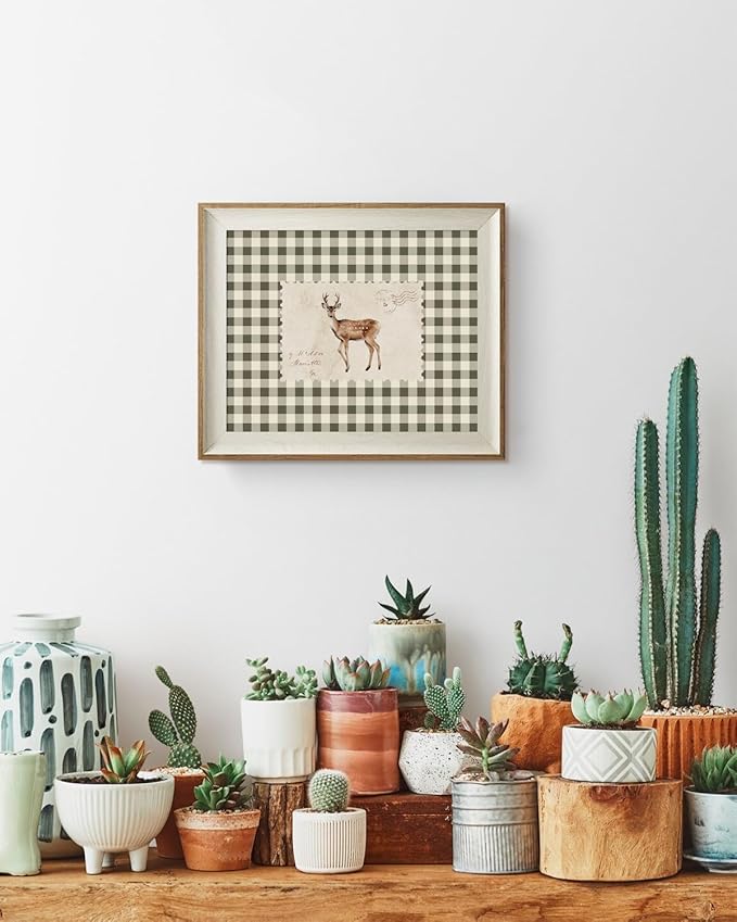 VIYYIEA Framed Wall Art for Living Room, Sika Deer Stamp Canvas Prints, Green Home Decor, Animals Painting Picture, Bathroom Wall Decor Gifts for Friends or Family - 12L x 10W