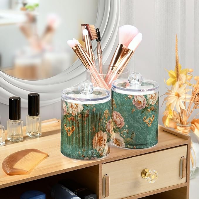 2 Pack Apothecary Jars Floral Motif Collection Green Bathroom Vanity Storage Organizer Set,Small Clear Plastic Storage Jars Bathroom Canister for Cotton Swabs, Rounds, Balls, Qtips,Makeup Spong