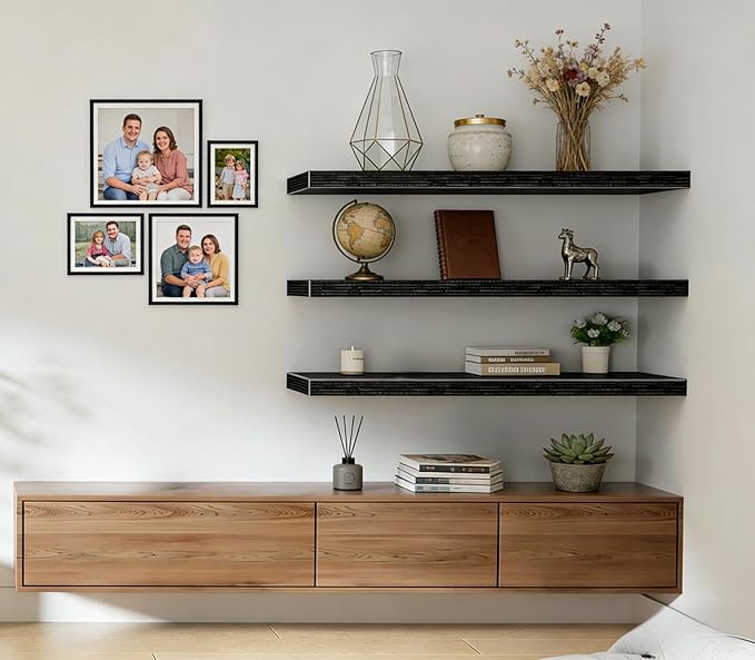 Vervida® Floating Shelves, 35.4 inch Wall Mounted Rustic Wood Shelves for Bathroom, Bedroom, Living Room, Kitchen, Office, Hanging Shelf for Books/Storage/Decor(Black, Set of 3)