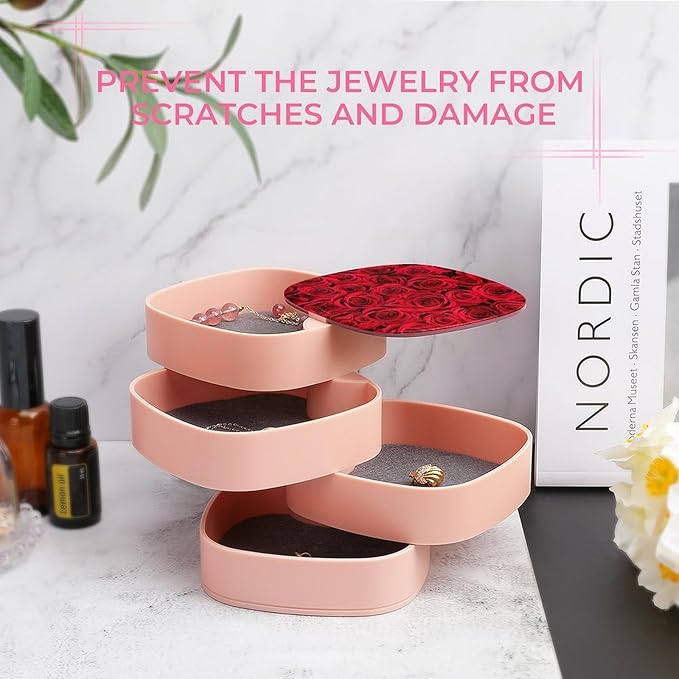 Valentineheader4-Layer Rotating Jewelry Organizer Box, 360° Rotatable ABS Storage for Rings, Earrings, Necklaces, Watches, Makeup Tools with Mirror, Compact & Portable Gift for Women