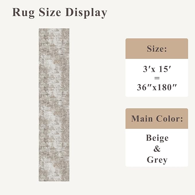 3x15 Ft Long Hallway Runner Rug - Non-Slip Washable Kitchen Runner Rug with Rubber Backing | Modern Abstract Wide Floor Carpet Runner for Indoor Entryway, Bedroom, Living Room (Beige, Grey)