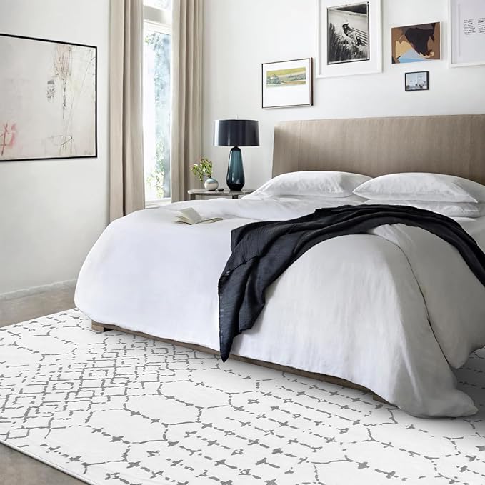 Lahome Moroccan Living Room Area Rug Washable Rugs 5x7 Non-Slip Soft Throw Rugs for Bedroom White Lightweight Large Rug, Modern Geometric Print Low-Pile Capet for Classroom Office Dining Room Hana