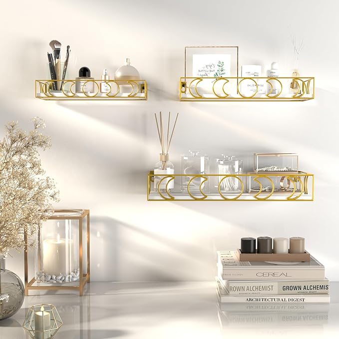 PHAREGE Moon Phase Floating Shelves White Gold, Set of 3 Small Decorative Wall Shelves for Book Plant Storage, Crystal Figurine Collectibles Display Shelf for Bedroom Kid Room