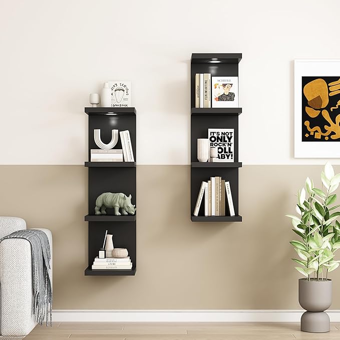 LitaEther Versatile 4 Tier Wall Shelf Unit,Black Lack Wall Shelf,Display Floating Shelf with LED Remote Control Light