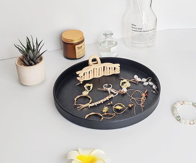 Round Black Tray (9.5 inch) for Bathroom & Kitchen Decor - Heavy Duty Plastic Vanity Tray, Decorative Serving Tray for Countertop, Coffee Table, Dresser Organizer