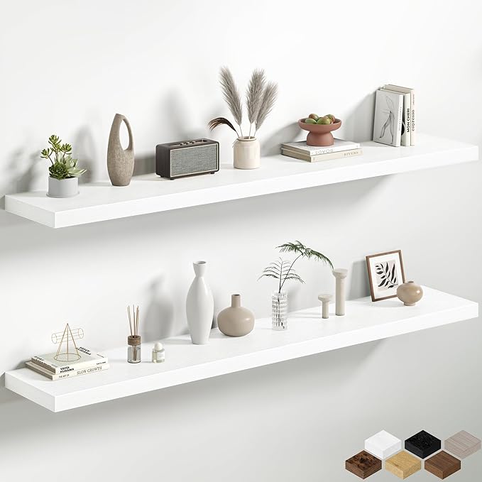 Fun Memories 66 Inch Floating Shelves, 12 Inch Deep Wall Shelf for Fireplace Mantel, White Deep Storage Shelves for Home & Office, Long Floating Shelf with Invisible Bracket, Set of 2