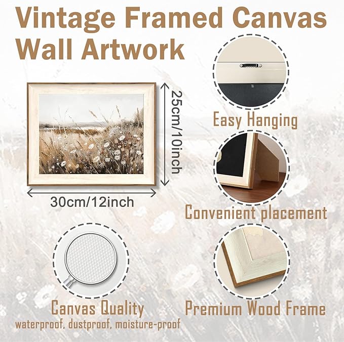 ASTRDECOR Framed Vintage Wall Art Home Decor, Farmhouse Decor Wall Art Autumn Country Wildflower Field Nature Canvas Art Wall Decor Living Room, Vintage Oil Painting Botanical Art Prints Decor-10''x12''