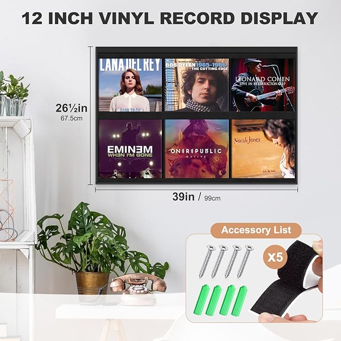 ALSLEA Vinyl Record Wall Shelf - 6 Pocket Oxford Fabric Grid Organizer for 12" LP Covers, No Tools Mounting, Modern Record Display