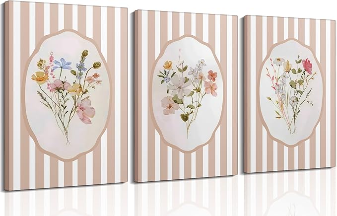 3Pcs Pink Flower Canvas Wall Art Light Pink Striped Plant Painting Picture Wall Decor Elegant wildflowers Poster Print Artwork for Bedroom Preppy dormitory Living Nursery Room Home Decoration