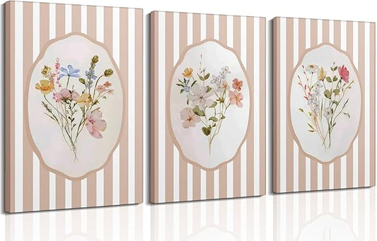 3Pcs Pink Flower Canvas Wall Art Light Pink Striped Plant Painting Picture Wall Decor Elegant wildflowers Poster Print Artwork for Bedroom Preppy dormitory Living Nursery Room Home Decoration