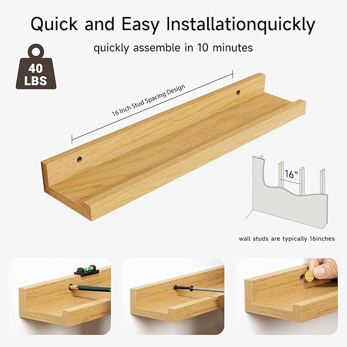 Floating Picture Ledge Shelves Set of 2, 16 Inch Solid Wood Wall Shelves with Lip, Large Nursery Book Shelf for Toys Storage, Kids Bookshelf, Living Room, Bedroom Decor Frames, Natural Oak