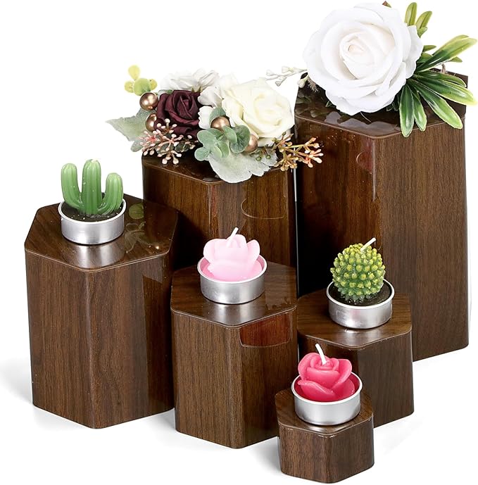 Jetec 12 Pcs Acrylic Display Risers Hexagonal Jewelry Display Stands Perfume Jewelry Showcase Acrylic Jewelry Display Organizer for Collectible Figures Jewelry Display, 6 Sizes(Brown)