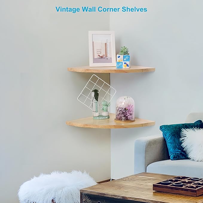 Waterproof Natural Wood Corner Wall Shelves Set of 2, Rustic Wood Corner Floating Shelves with Cable Raceway for Bathroom Kitchen Study Bedroom (12 Inch, Fan-Shaped)
