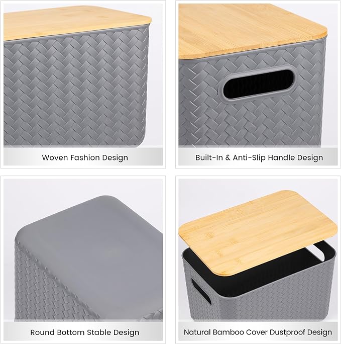 Ohmlove 4 Packs Storage Bins with Bamboo Lids - Plastic Storage Containers with Lids Stackable Storage Box：Storage Baskets for Organizing Desktop Closet Playroom Classroom Office,Gray