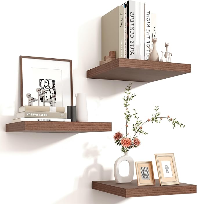 Square Floating Shelves for Wall 12"W x 12"D x 1.2"H, Small Engineered Wood Wall Shelves with Invisible Brackets for Living Room Bedroom Bathroom Office Kitchen Storage Decor, Walnut Finish, Set of 3