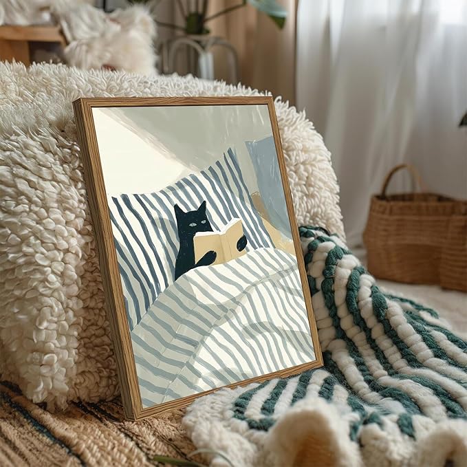 Funny Black Cat Wall Art Painting, Whimsical Cat in Stripe Bed Reading Wall Decor, Cute Animal Book Lover Blue and White Poster Canvas Prints for Bedroom Living Room 12x16 inch Wood Framed