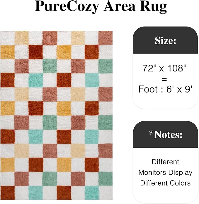 PureCozy Checkered Rug 6x9 for Living Room, Colorful Modern Shag Rug Washable Non-Slip Large Area Rug Super Soft Indoor Fuzzy Carpet Fluffy Rugs for Bedroom Home Aesthetic Decor
