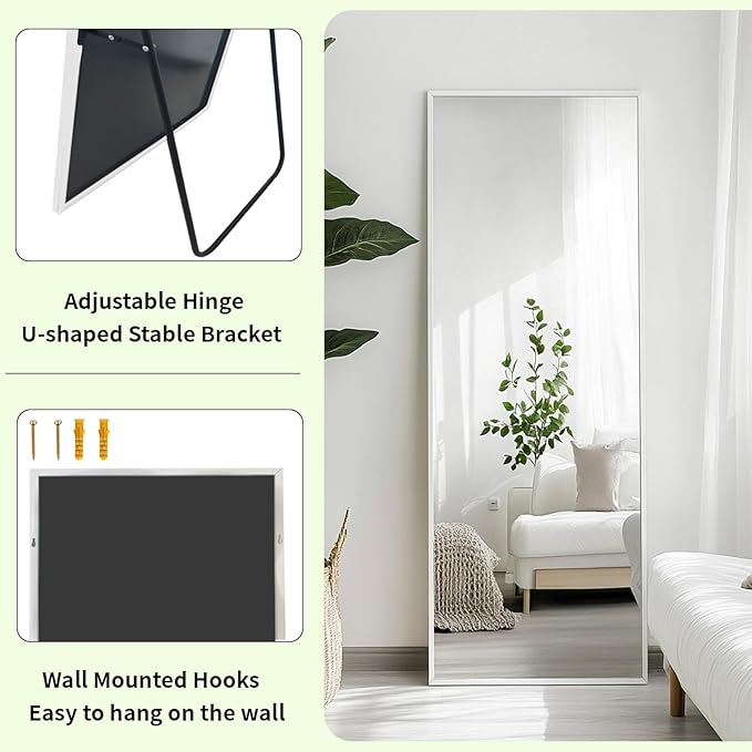 Sunniry Full Length Mirror with Stand, Full Body Mirror with Aluminum Metal Frame, Standing Mirrors for Bedroom, Livingroom, Bathroom, Hallway, Cloakroom, Wedding. (56x16 inch, White)