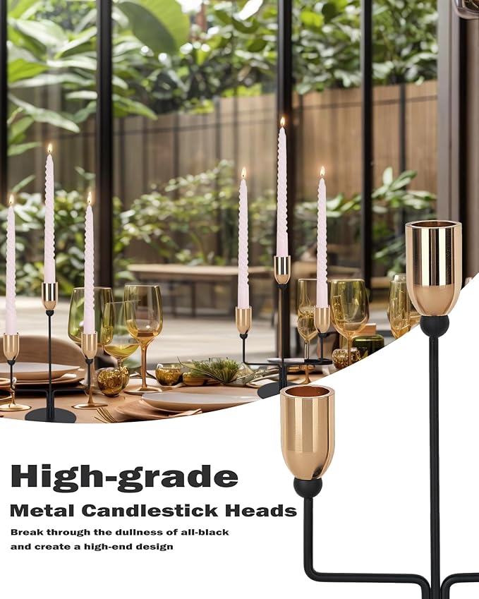 Metal Triple Taper Candle Holder, Modern Gold & Black Candle Holder with Stable Base, Decorative Candle Stand for Home Decor, Wedding, Dining, Party, Anniversary