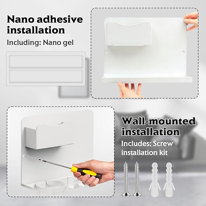 SPOKKI Floating Bedside Wall Shelf Organizer with Remote Control Holder;Metal Adhesive Wall Mount Nightstand Shelf for Bedroom;Dorm Room Essentials;Bed Shelf for Phone,Earphone,Kindle (White)
