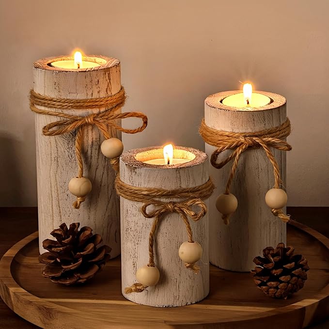 MelonBoat White Pillar Candle Holder:Farmhouse Candle Holders with Battery Operated Candles, Farmhouse Decor with Flameless LED Candles, Wood Centerpieces for Table 3-Pack for Holiday Party Home Decor