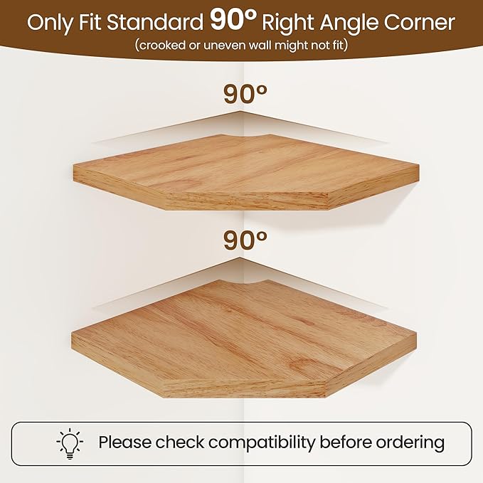 Fun Memories Corner Shelf Wall Mount, Solid Oak Wood Floating Corner Shelves with Cable Hole, 8.5in Rustic Design for Bedroom, Bathroom, Kitchen, Living Room (Natural, 1 Pack)