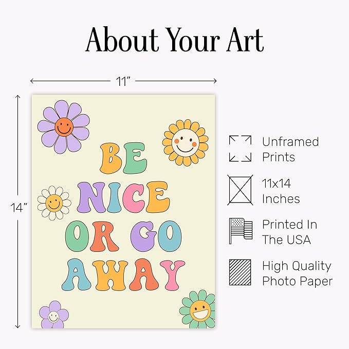 Retro 70s Wall Art 11x14 - Groovy Flower Smiley Face Poster with Positive Quote - Teen Girls Bedroom Decor - Colorful Hippie Room Decoration - Vintage Style Print for Girly Bedroom - Unframed