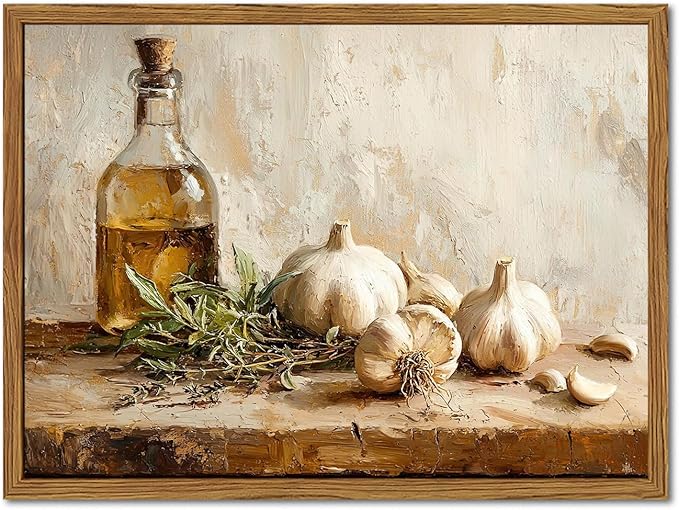 Framed Vintage Kitchen Canvas Wall Art, Rustic Garlic and Herbs Pictures Wall Decor, Neutral Still Life Paintings Prints Aesthetic Home Decor for Farmhouse Dining Room Living Room 12x16 inch