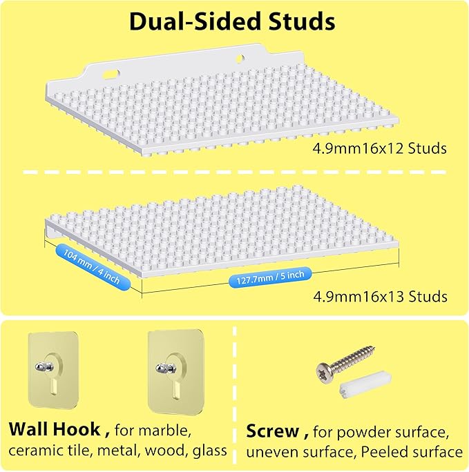 LRANFOW 12 Wall Display Shelf for Lego Building Bricks, 4x5 inch Dual-Sided Display Shelf with 16x13 4.9mm Studs for Lego Shelf Display, Builders, Room Decor