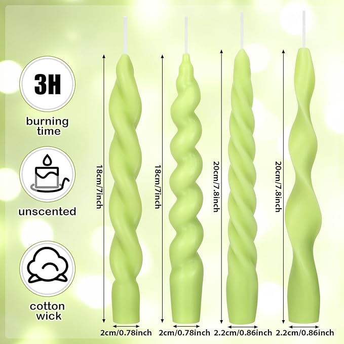Nuanchu 4 Pcs Twisted Taper Candles Wax Unscented Smokeless Spiral Swirl Candlesticks for Wedding Holiday Dinner Party Home Decorations(7.87 Inch,Pure,Sage Green)
